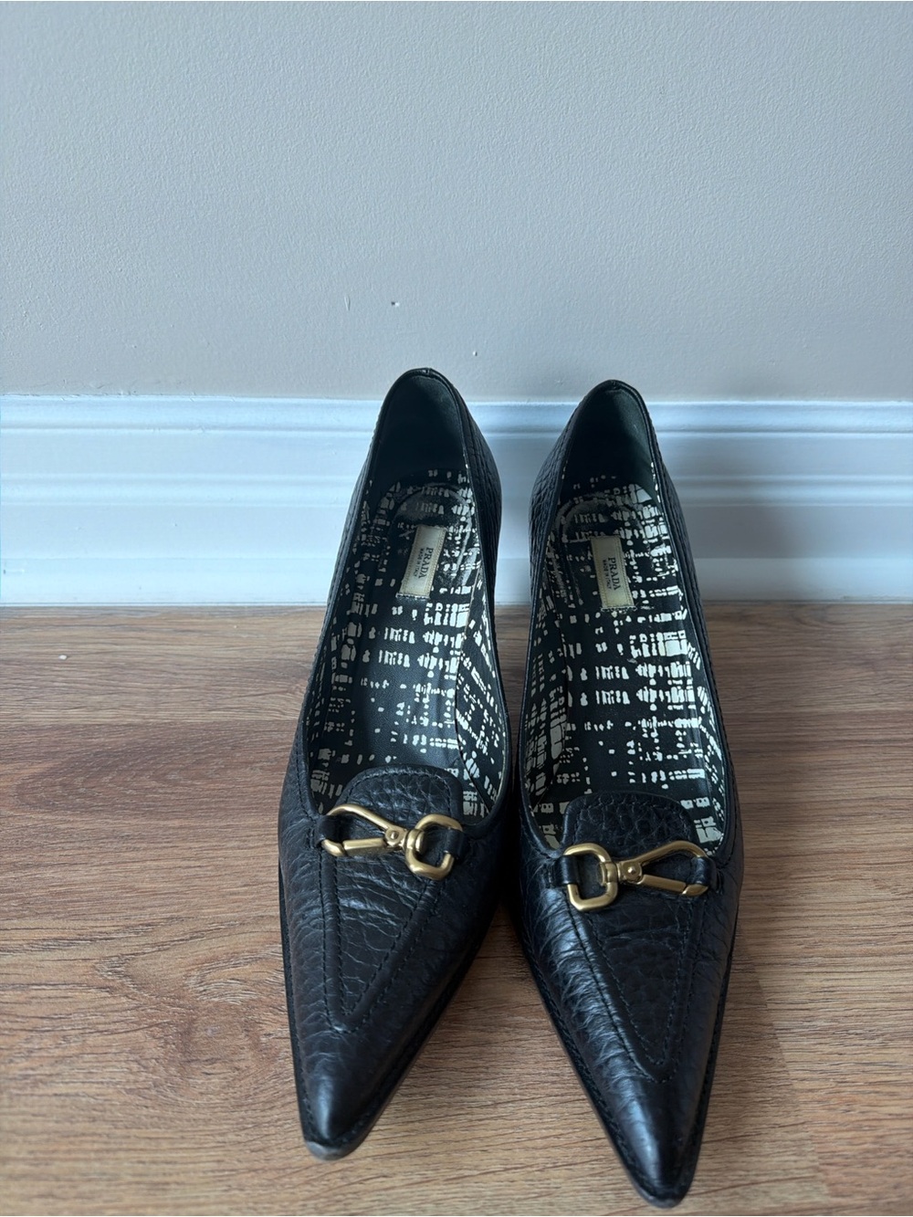 Prada Black Leather Pointed Toe Pumps with Gold Bit